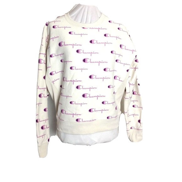 Champion Reverse Weave White Sweatshirt with all over Pink Logo Size Large - Picture 1 of 5